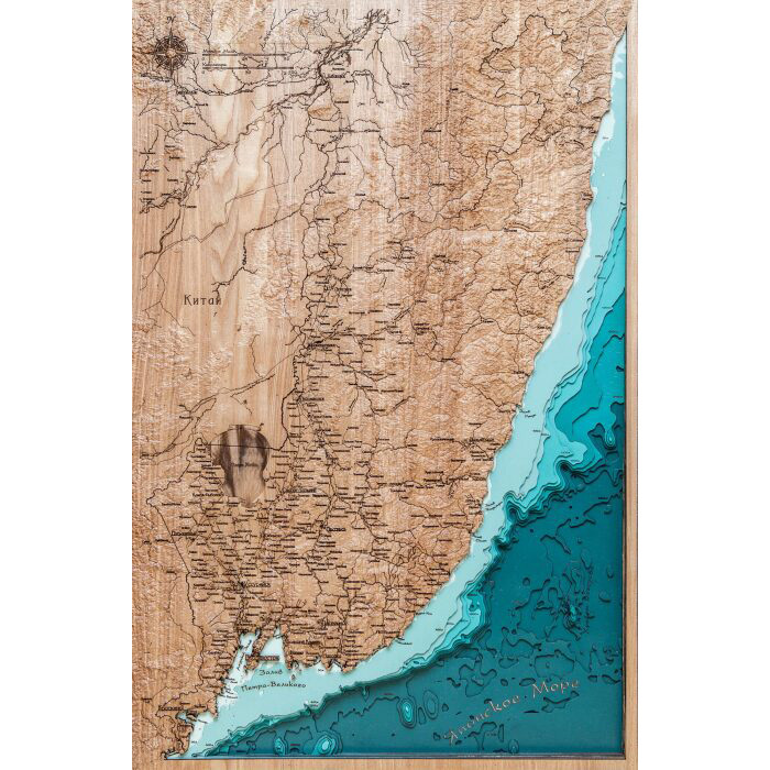 Карта Приморского края, земной рельеф, из дерева, на заказ