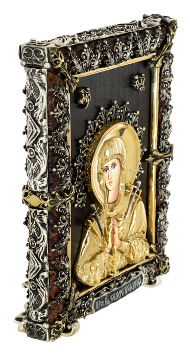 Икона с художественным литьём "Божия Матерь Семистрельная" малая бронза
