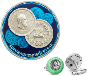 Набор "История денег. Медаль и запонки с зеленой эмалью"