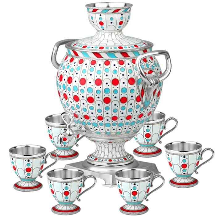 Чайный набор с самоваром "Горошки" на 6 персон (серебро, эмаль)