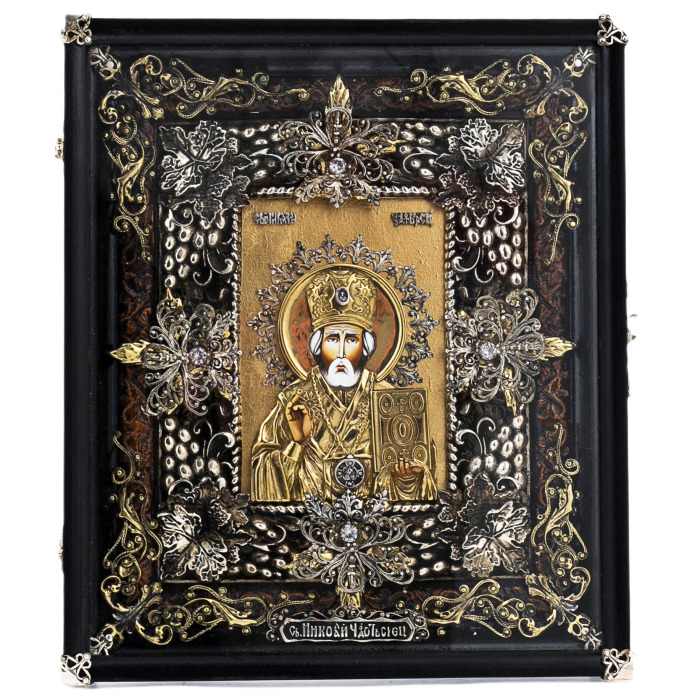 Икона с художественным литьём из бронзы "Николай Чудотворец"