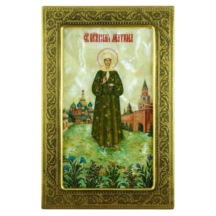 Икона "Матрона Московская" в золотой раме на натуральном перламутре