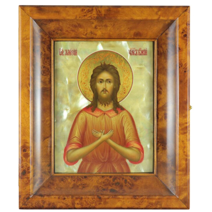 Икона на натуральном перламутре "Алексий человек Божий" в киоте