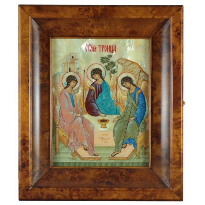 Икона на натуральном перламутре "Святая Троица" в киоте