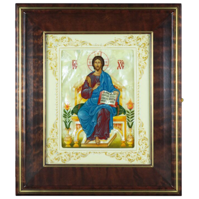 Икона "Спас на престоле" в белой раме и киоте на натуральном перламутре