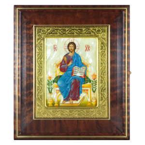 Икона "Спас на престоле" в киоте и золотой раме на натуральном перламутре