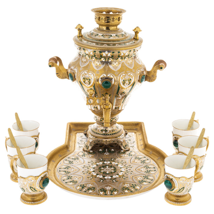 Чайный набор с малахитом "Самоварный домик" на 6 персон, Златоуст