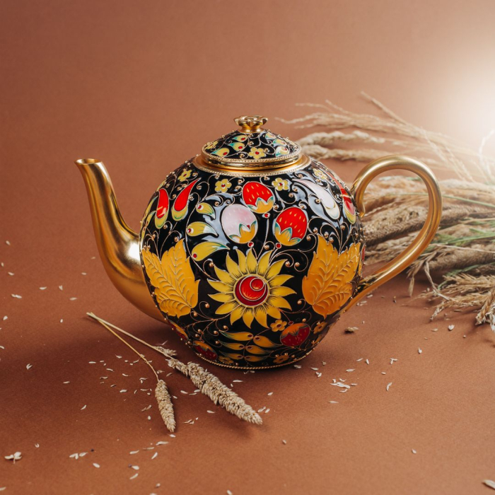 Серебряный чайник "Хохлома" с эмалью