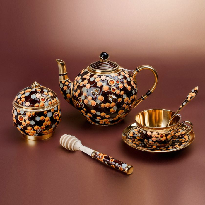 Серебряный чайник "Шедевры перегородчатой эмали" с янтарем и морионом