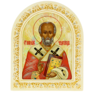Икона "Николай Чудотворец" с перламутром в белой раме