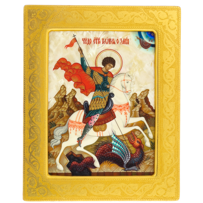 Икона "Георгий Победоносец" на натуральном перламутре в золотой раме
