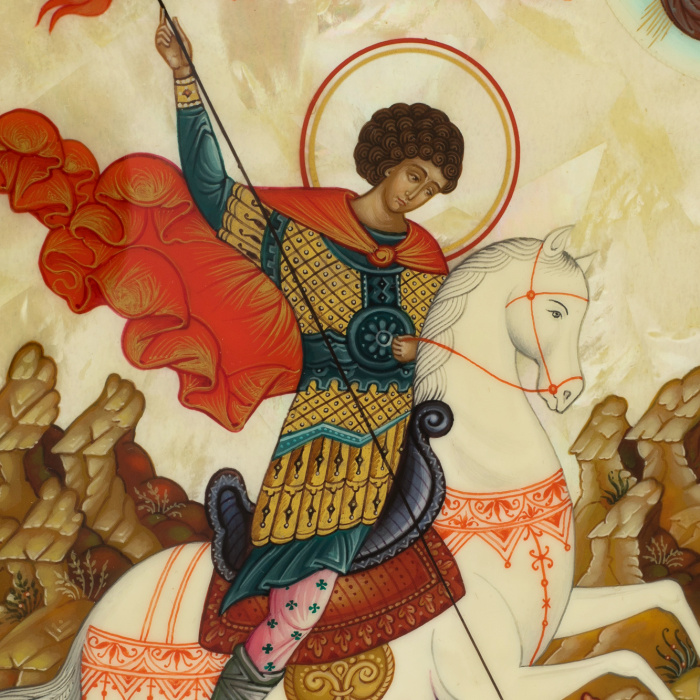 Икона "Георгий Победоносец" на натуральном перламутре в золотой раме
