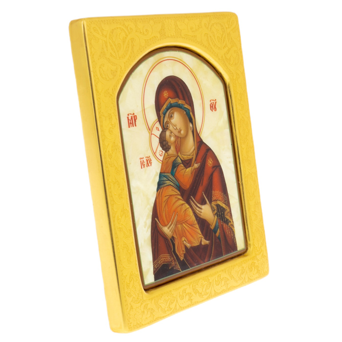 Икона с перламутром "Владимирская Богоматерь" в золотой раме с чеканкой