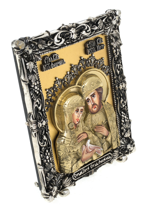 Икона с художественным литьём "Петр и Феврония" настольная (бронза, сусальное золото)
