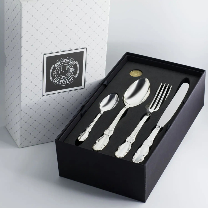 Посеребренный столовый набор "Лира": вилка, ложка, нож, чайная ложка, на 6 персон.