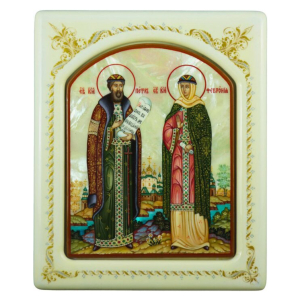 Икона с перламутром "Пётр и Феврония" в белой раме с орнаментом