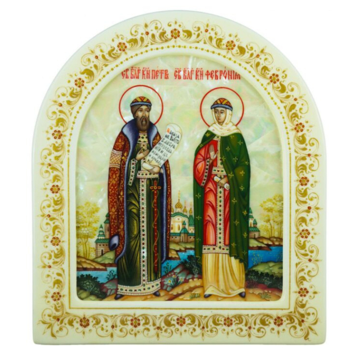 Икона с перламутром "Пётр и Феврония" в белой раме (арка)