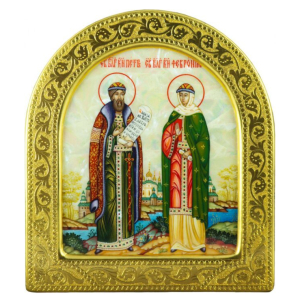 Икона с перламутром "Пётр и Феврония" в золотой раме (арка)