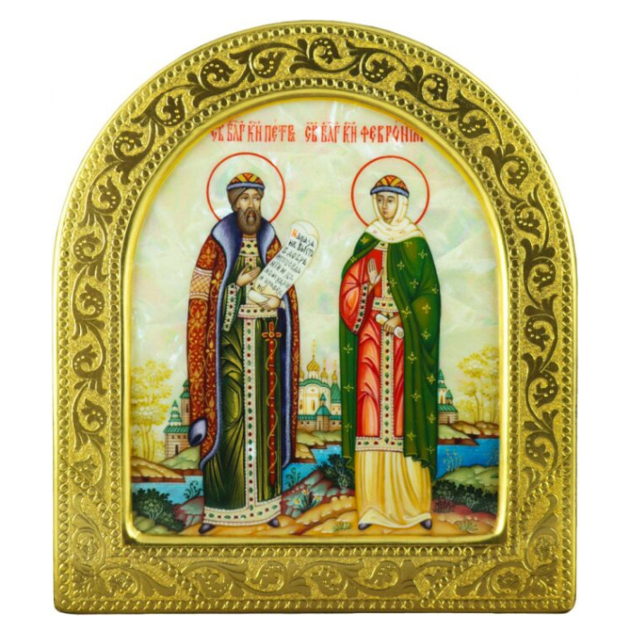 Икона с перламутром "Пётр и Феврония" в золотой раме (арка)