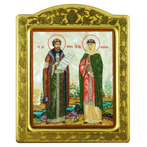 Икона "Пётр и Феврония" с перламутром в золотой раме