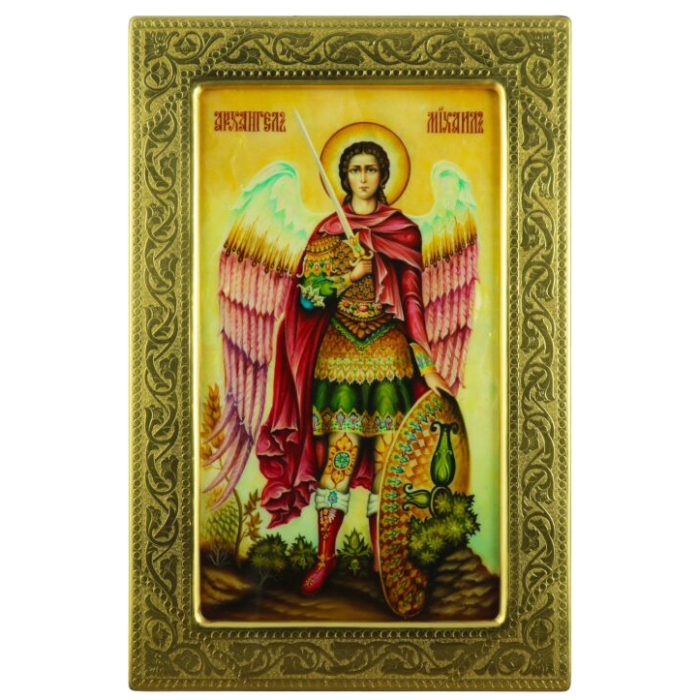Икона "Архангел Михаил" в золотой раме на натуральном перламутре