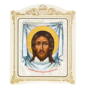 Икона на натуральном перламутре "Спас Нерукотворный" в белой раме
