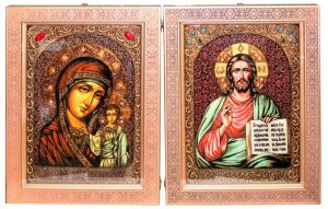 Венчальная пара икон "Казанская икона Божией Матери" и "Господь Вседержитель" (мореный дуб)