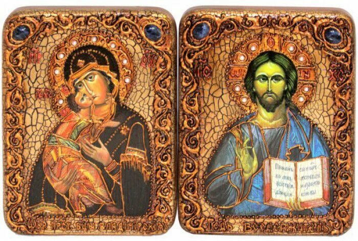 Венчальная пара икон "Владимирская икона Божией Матери" и "Господь Вседержитель" (мореный дуб) (средняя)