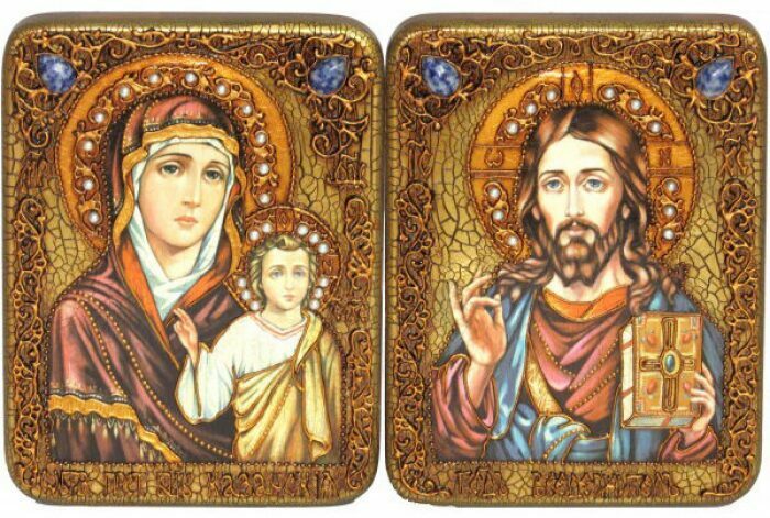 Венчальная пара икон "Казанская икона Божией Матери" и "Господь Вседержитель" (дуб мореный)