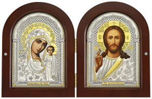 Пара икон Казанской Божией Матери и Господа Иисуса Христа, коричневая, цветная эмаль