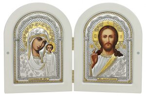 Пара икон Казанской Божией Матери и Господа Иисуса Христа, белый цвет, цветная эмаль