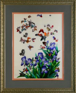 Картина на шелке "Сад бабочек" ручной работы