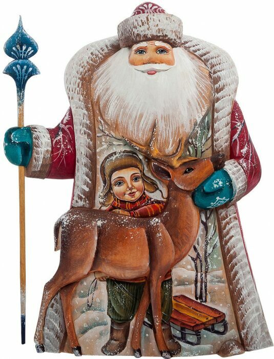 Резная статуэтка "Дед Мороз с оленем" (с мальчиком)