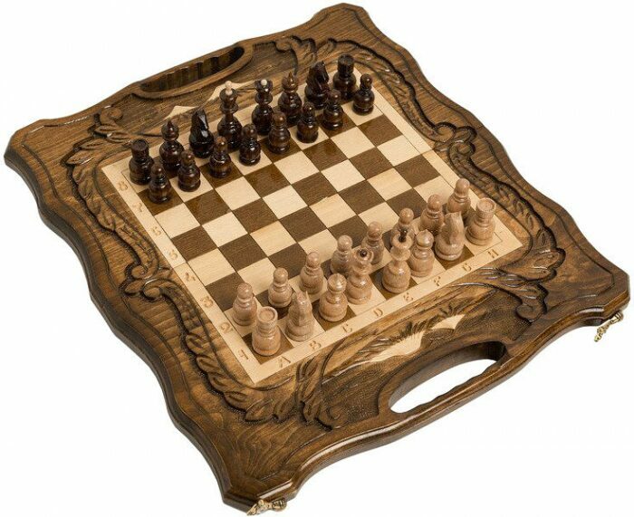 Игровой набор резной "Горные вершины" малый (шахматы, нарды и шашки) с ручкой