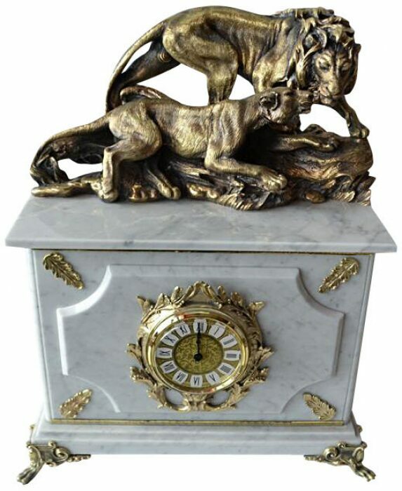 Часы-сейф из белого мрамора "Пара львов"