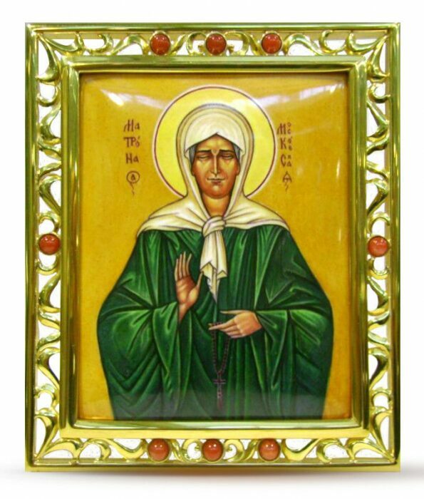 Икона из серебра "Св.Матрона Московская" с халцедонами