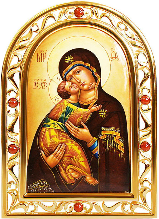 Икона из серебра "Владимирская Богоматерь" с халцедонами