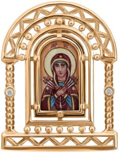Икона Божией Матери из красного золота "Семистрельная" с бриллиантами