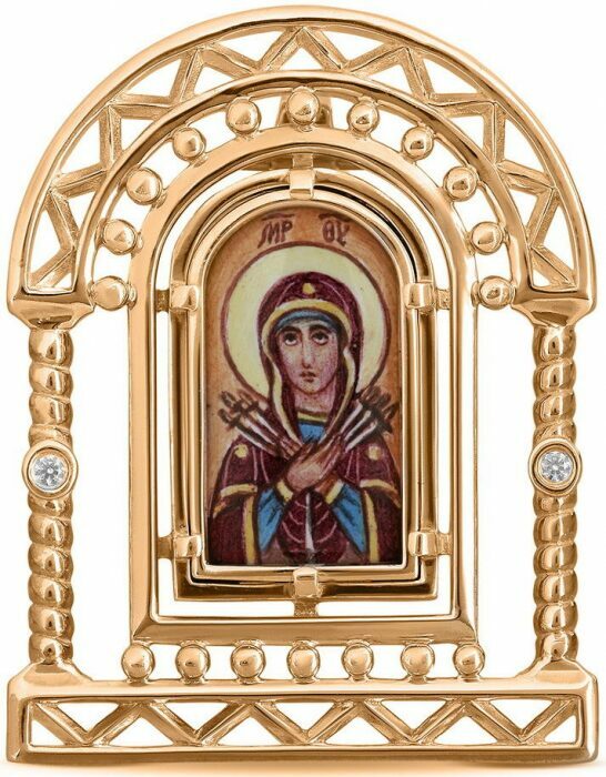 Икона Божией Матери из красного золота "Семистрельная" с бриллиантами