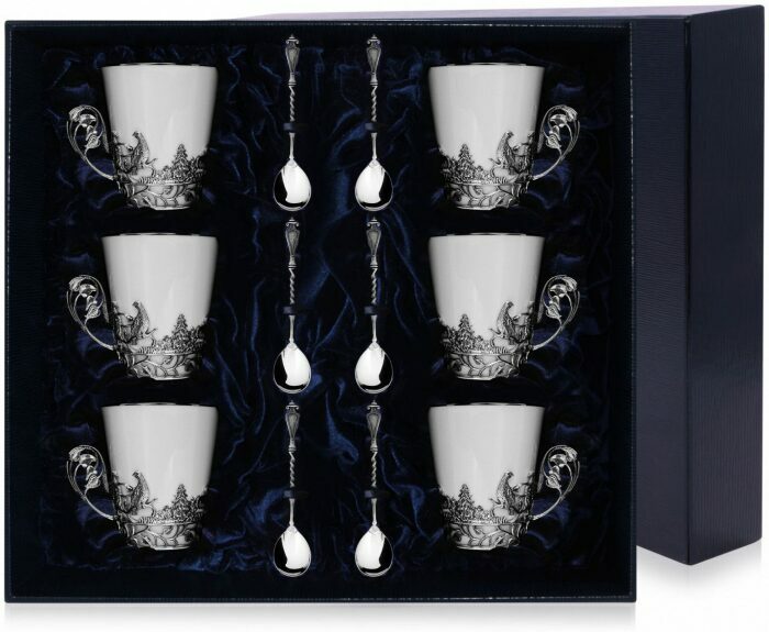 Набор чайных чашек из серебра "Тетерев" на 6 персон, с ложками
