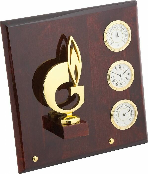 Плакетка "Символ газа" (часы, термометр. гигрометр) золотой