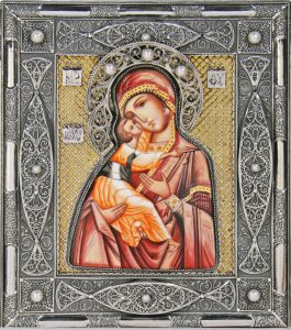 Владимирская икона Божией Матери с жемчугом (финифть)