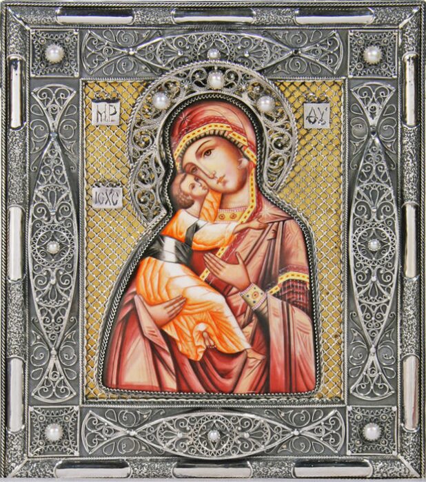 Владимирская икона Божией Матери с жемчугом (финифть)