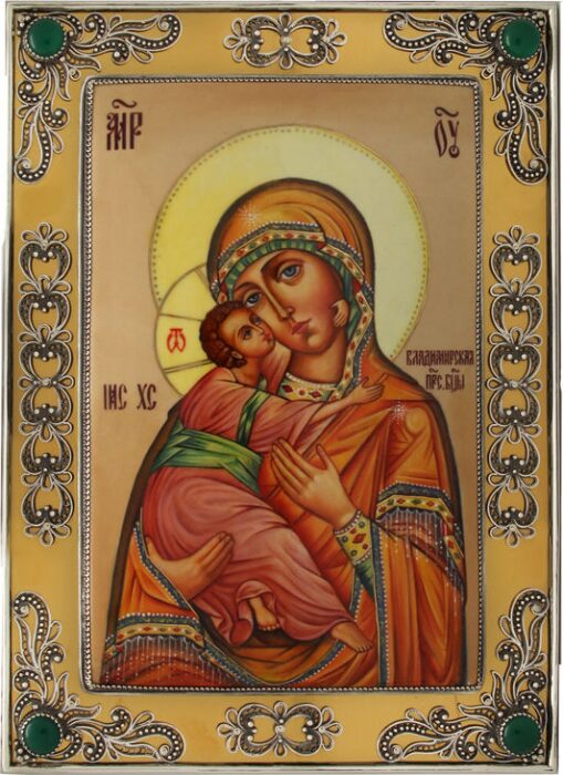 Владимирская икона Божией Матери цвет янтарь (финифть)