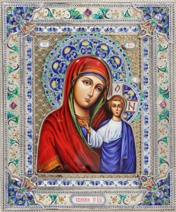 Казанская икона Божией Матери на базе Владимирской иконы (финифть)
