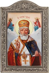 Икона "Святитель Николай" с навершием (финифть)