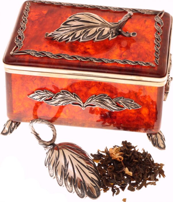 Коробка для чая из янтаря "Листья" с ложечкой