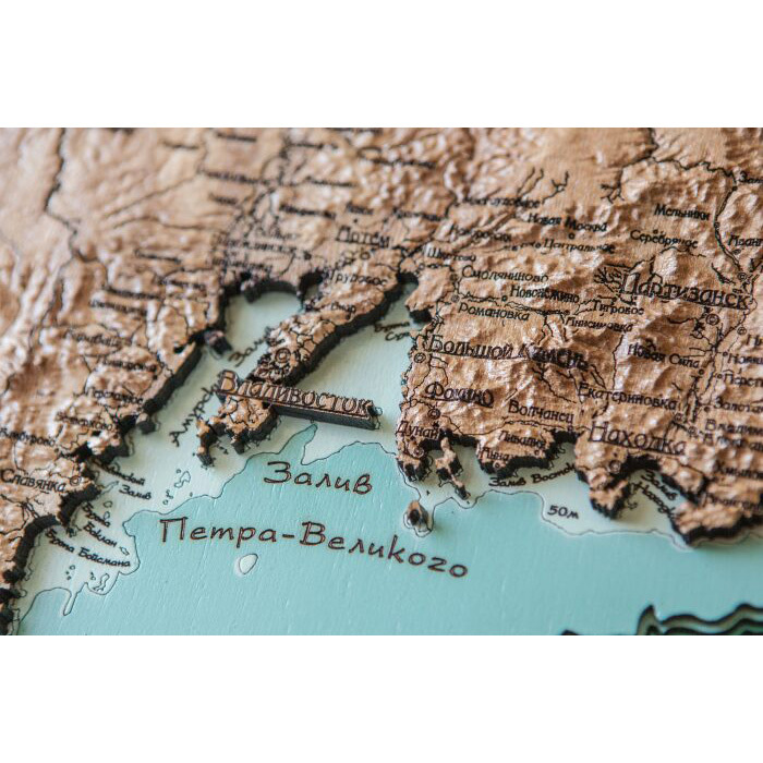 Карта Приморского края, земной рельеф, из дерева, на заказ