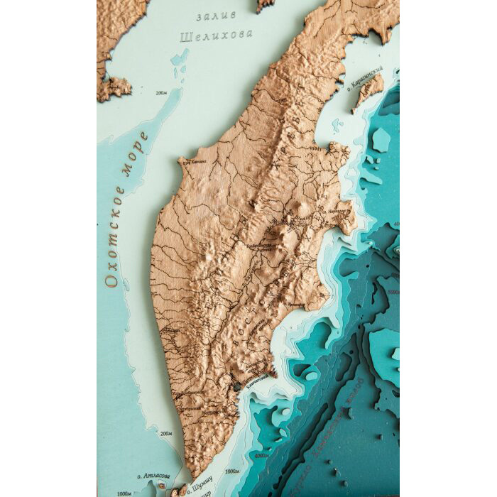 Карта Камчатского края, земной рельеф, из дерева, на заказ