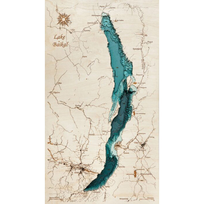 Карта озера Байкал на ангилйиском языке из дерева, на заказ